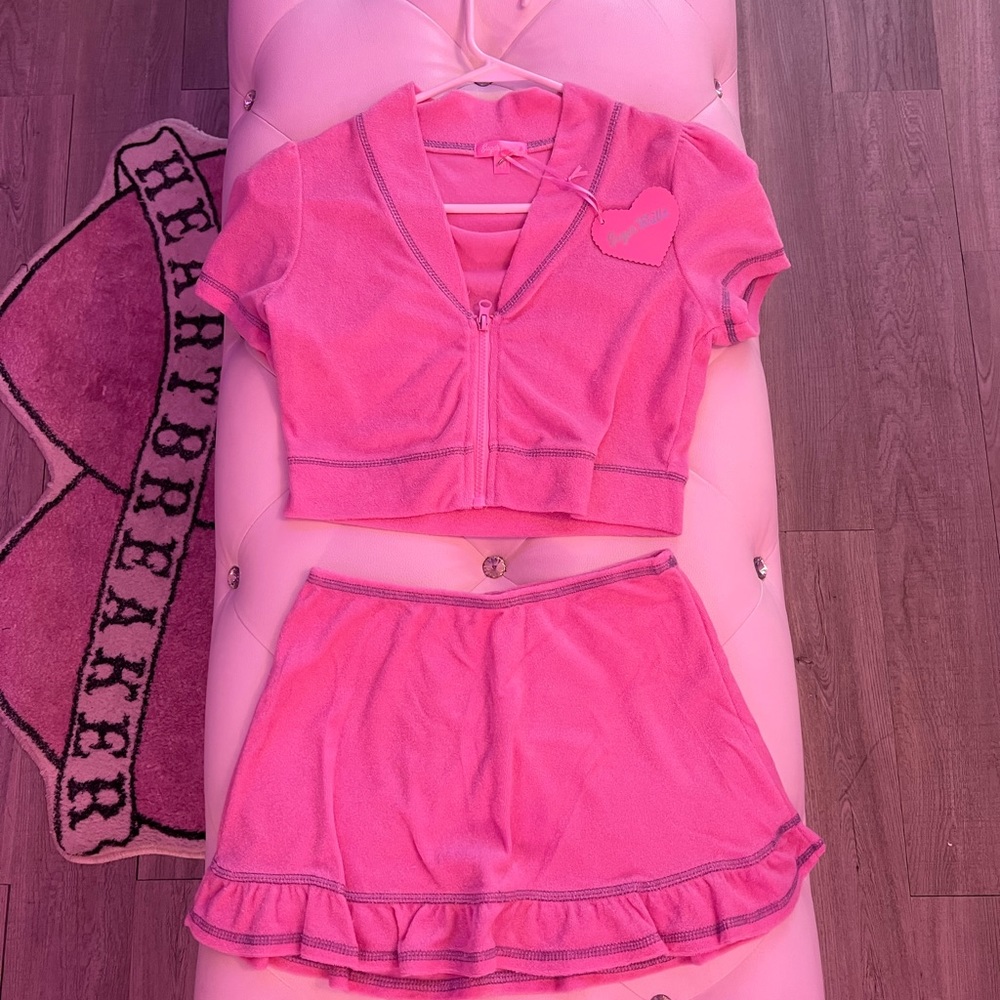 Sugar Thrillz Pink Two-Piece Crop Zip Top and Ruffle Skirt Set